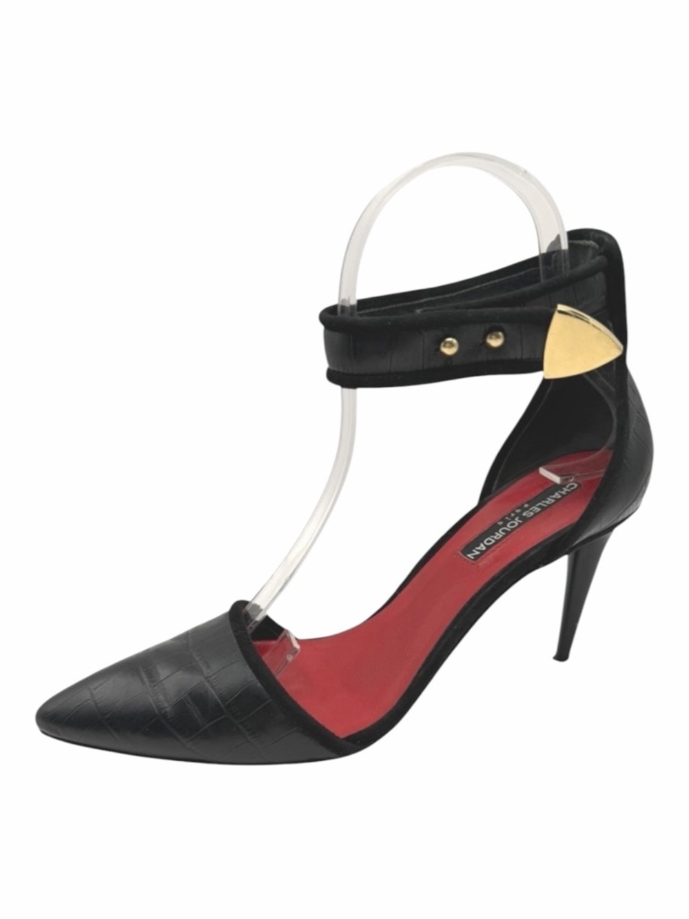 Charles Jourdan Shoes Women‎ 7.5 Black Croc Emboss Pointed Toe Ankle Strap Heel